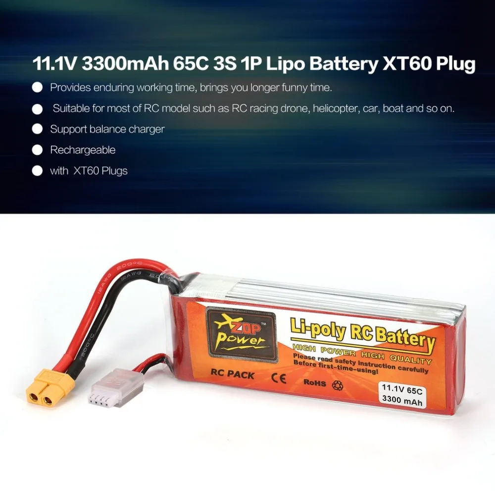 

ZOP Power 11.1V 3300mAh 65C 3S 1P Lipo Battery XT60 Plug Rechargeable for RC Racing Drone Quadcopter Helicopter Car Boat Model