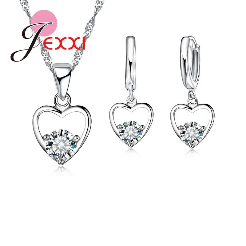 Elegant Wedding Jewelry Set 925 Sterling Silver Heart Cubic Zirconia Stone Pendant Earring Necklace Collier | Украшения и