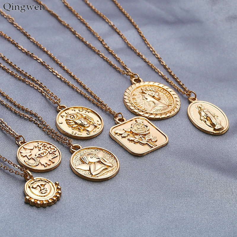 Qingwen Simple Vintage Carved Coin Pendant Necklace Statement Face Goddess Virgin Mary Rose Angel Long Chain Necklace for Women
Qingwen Simple Vintage Carved Coin Pendant Necklace Statement Face Goddess Virgin Mary Rose Angel Long Chain Necklace for Women