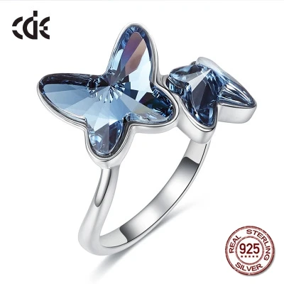 

100% S925 Sterling Silver Austrian Butterfly Rhinestone Crystals from Swarovski Rings for Women Valentine's Day & Birthday Gift