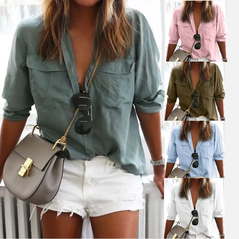 Plus Size Long Sleeve Women's Shirt V-neck Pocket Button Turn-down Collar Female Blouse Tops Spring Autumn Solid Woman Blouses
Plus Size Long Sleeve Women's Shirt V-neck Pocket Button Turn-down Collar Female Blouse Tops Spring Autumn Solid Woman Blouses