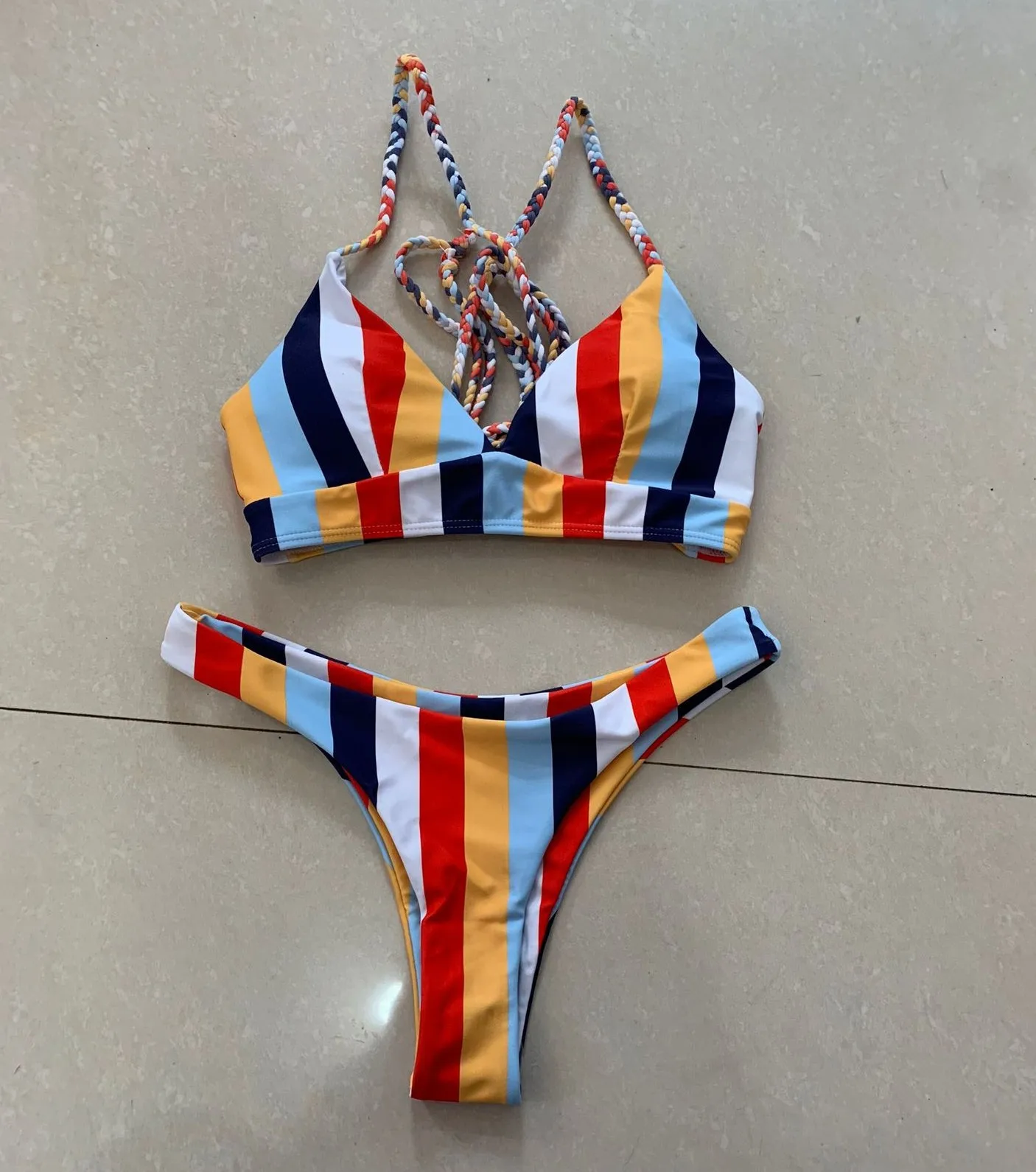 Sport Colorful Braided Strap Top With Striped Cheeky Bikini Set Criss Cross Lace Up Back Women Sexy Vacation Swimsuits 
Sport Colorful Braided Strap Top With Striped Cheeky Bikini Set Criss Cross Lace Up Back Women Sexy Vacation Swimsuits