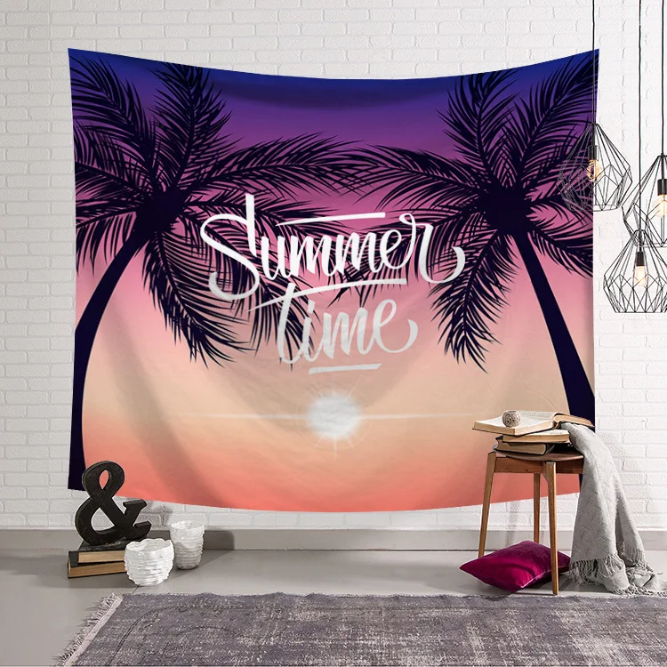 

New Cozy Sunset Coastal Natural Scenery Wall Hanging Gobelin Mural Coconut Tree Printed Polyester Tapestry Bedroom Decor Art