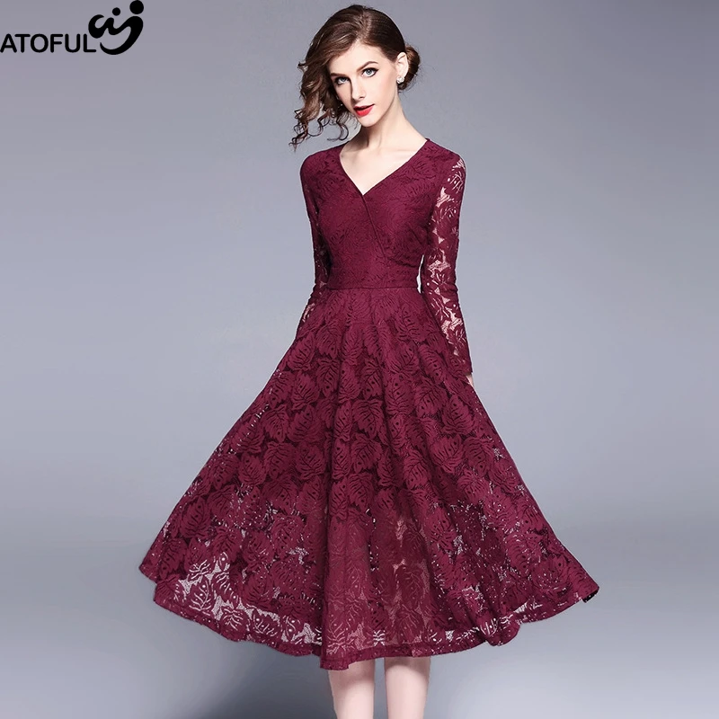 ATOFUL Women Sexy Lace Dress 2018 New Arrival A-lin V Neck Big Hem Dresses Casual Evening Party Elegant Femme Lace Dress
ATOFUL Women Sexy Lace Dress 2018 New Arrival A-lin V Neck Big Hem Dresses Casual Evening Party Elegant Femme Lace Dress