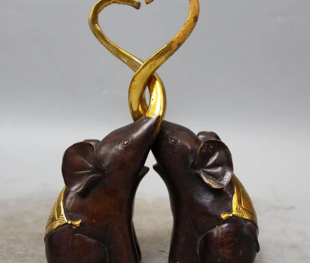 9"Folk China fengshui Bronze Gilt Wealth Auspicious Animal Elephant Statue Pair