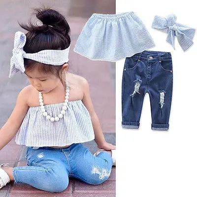 Summer 2018 Fashion Kids Girls Clothing Set Striped Crop Tops Tank+Hole Jean Denim Pant Headband Outfits Children Clothing 1-7Y
Summer 2018 Fashion Kids Girls Clothing Set Striped Crop Tops Tank+Hole Jean Denim Pant Headband Outfits Children Clothing 1-7Y