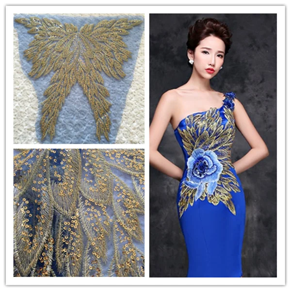 Gold thread sequins Embroidered Lace Fabric Applique feather Patch Diy Sewing Cloth Dress Accessories trim 46cm*55cm
Gold thread sequins Embroidered Lace Fabric Applique feather Patch Diy Sewing Cloth Dress Accessories trim 46cm*55cm