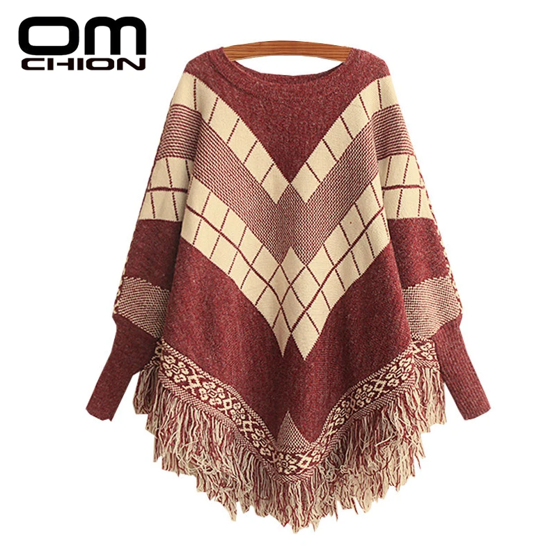 

Poncho O-Neck Spell Color Jacquard Tassel Cloak Sweater Women Batwing Pullovers Spell Color Jacquard Fringed Knitwear LMY28