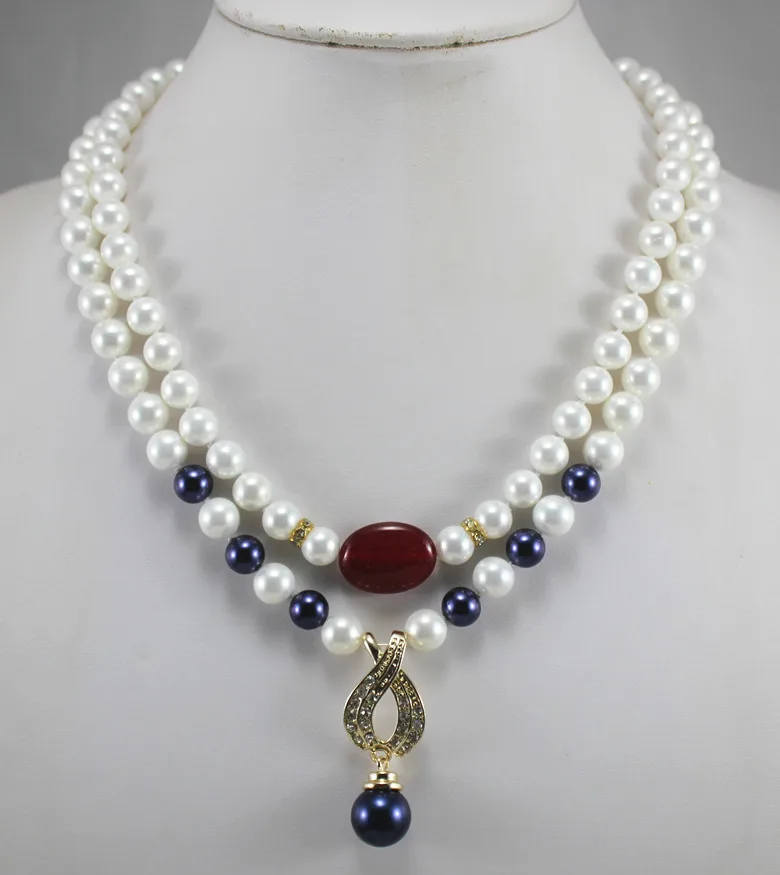 2 rows wholesales/retail beautiful 8mm white & dark blue shell pearl necklace+ 14mm pearl crystal plated pendant ##a #a
2 rows wholesales/retail beautiful 8mm white & dark blue shell pearl necklace+ 14mm pearl crystal plated pendant ##a #a