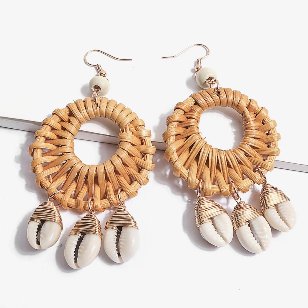 Boho Handmade Wooden Big Hollow Round Rattan Straw Weave Shell Drop Earring for Women Girl Korean Statement Wedding Jewelry