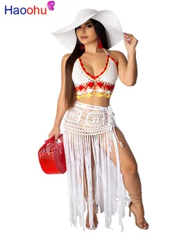 Hand Crochet Fishnet Hollow Two Piece Set Women Halter Backless Crop Top And Tassel Maxi Skirts Summer See Through Beach Outfit
Hand Crochet Fishnet Hollow Two Piece Set Women Halter Backless Crop Top And Tassel Maxi Skirts Summer See Through Beach Outfit