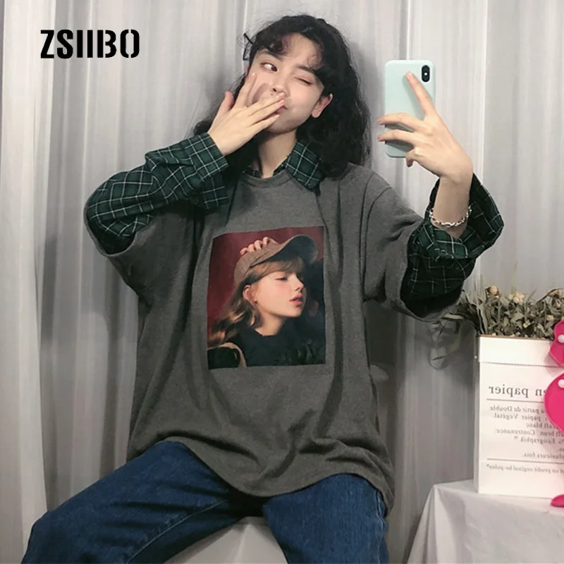 Korea Harajuku new female cotton funny loose oversized fashion lattice fake two pieces Turn-down Collar College hip hop T-shirt
Korea Harajuku new female cotton funny loose oversized fashion lattice fake two pieces Turn-down Collar College hip hop T-shirt