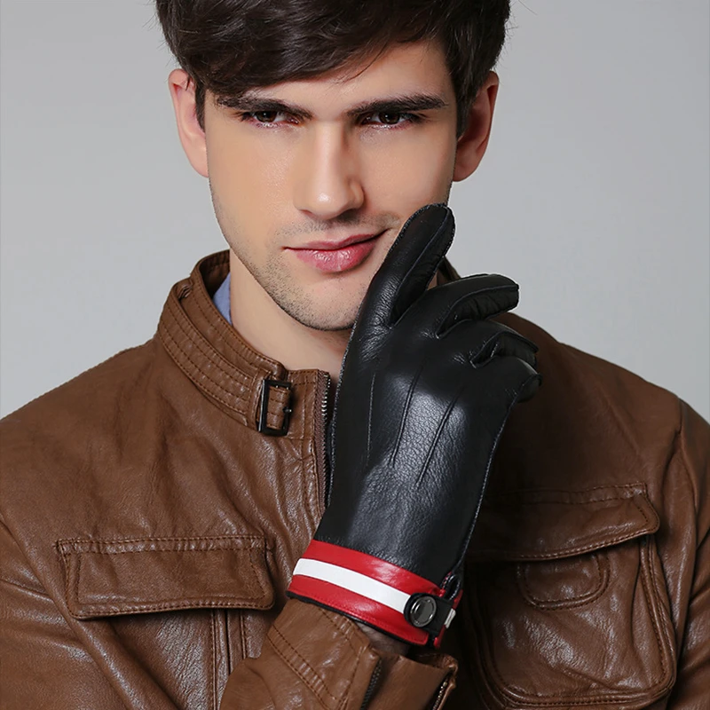 Image Leather Gloves Men Sheepskin Gloves Wrist Winter Lambskin Genuine Leather Gloves For Male Warm Leather Driving Gloves
