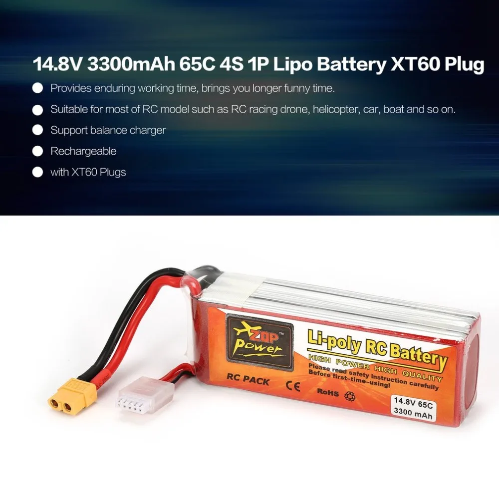 

ZOP Power 14.8V 3300mAh 65C 4S 1P Lipo Battery XT60 Plug Rechargeable for RC Racing Drone Quadcopter Helicopter Car Boat Model
