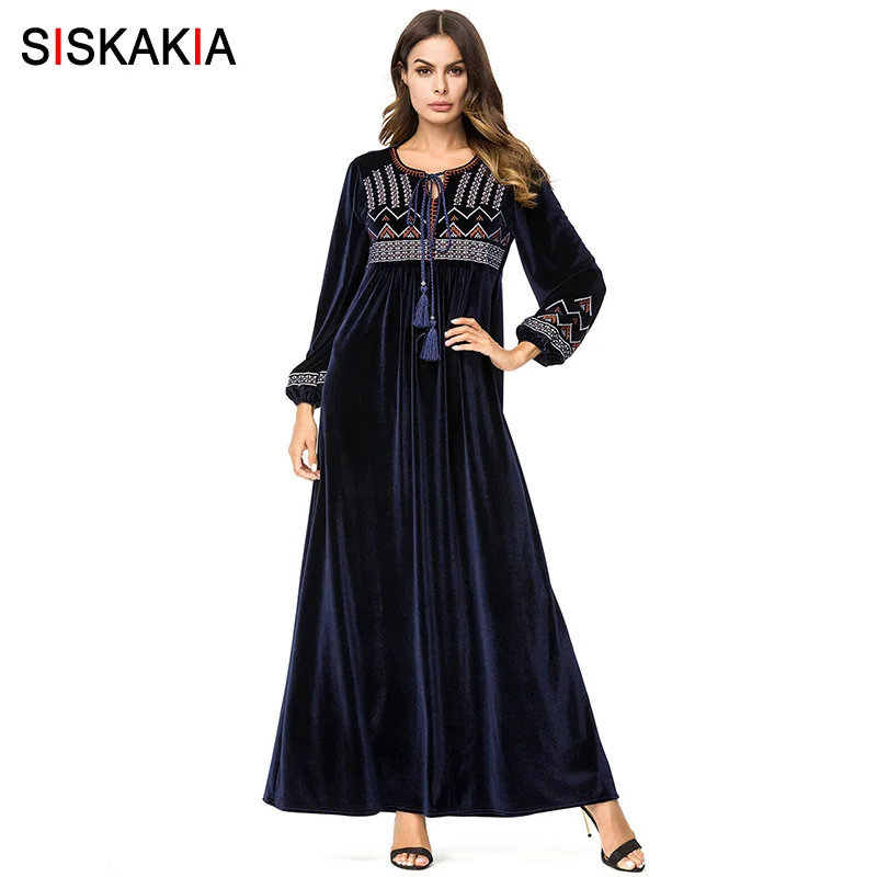 Siskakia Chic Geometric Embroidery Women Long Dress Velvet Tassel Drawstring Design Maxi Dresses Muslim Arabic Ramadan Clothing
Siskakia Chic Geometric Embroidery Women Long Dress Velvet Tassel Drawstring Design Maxi Dresses Muslim Arabic Ramadan Clothing
