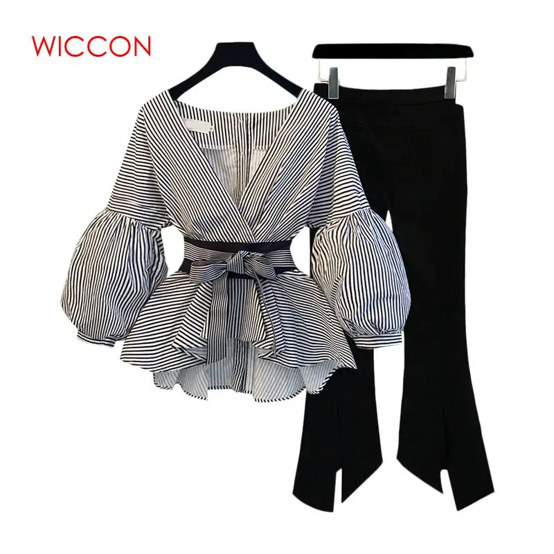 New 2019 Spring Summer Striped Bow Lantern Sleeve Blouse Women's Pants Set + Black Split Flare Sleeve 2pcs Suits
New 2019 Spring Summer Striped Bow Lantern Sleeve Blouse Women's Pants Set + Black Split Flare Sleeve 2pcs Suits