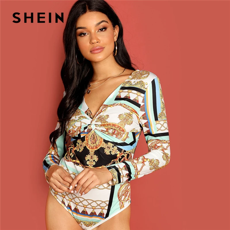 SHEIN Multicolor Graphic Print Twist Front Bodysuit V Neck Skinny Sexy Casual Long Sleeve Women Autumn Elegant Bodysuits
SHEIN Multicolor Graphic Print Twist Front Bodysuit V Neck Skinny Sexy Casual Long Sleeve Women Autumn Elegant Bodysuits