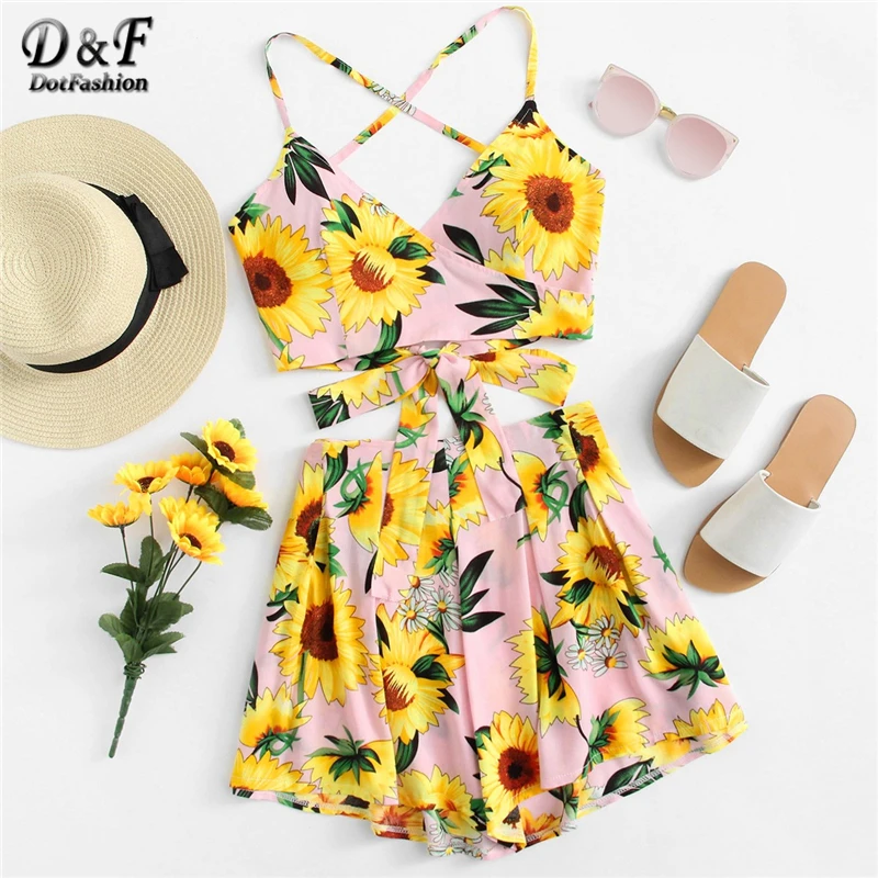 

Dotfashion Pink Belted Floral Print Knot Cami Top And Short Co-Ord Women 2019 Summer Vacation Criss Cross Beach Two Piece Set