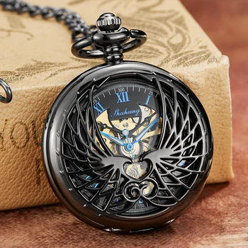Luxury Mechanical Pocket Watch with Chain Angel Wings Hollow Hand Winding Pendant Clock Men Women Bronze Black Flip Fob Watches
Luxury Mechanical Pocket Watch with Chain Angel Wings Hollow Hand Winding Pendant Clock Men Women Bronze Black Flip Fob Watches