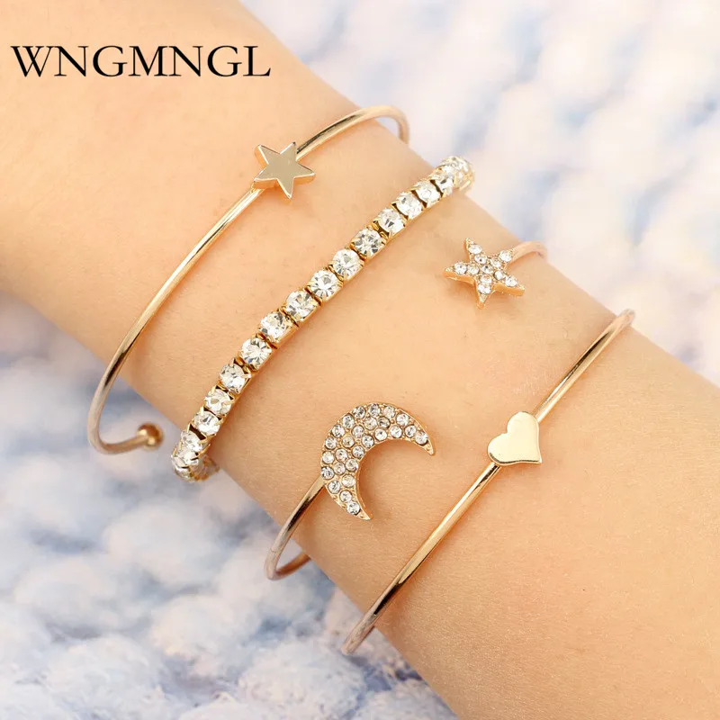 WNGMNGL 4pcs/Set Classic Moon Star Heart Crystal Multilayer Adjustable Open Bracelet Set For Women Fashion Party Jewelry Gift
WNGMNGL 4pcs/Set Classic Moon Star Heart Crystal Multilayer Adjustable Open Bracelet Set For Women Fashion Party Jewelry Gift