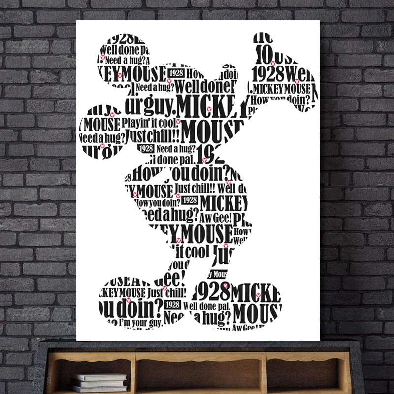 

Mickey Mouse Typography Black White Canvas Painting Print Bedroom Home Decor Modern Wall Art Oil Painting Poster Salon Pictures