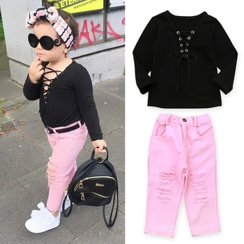 Spring Autumn New Style Clothes Set Fashion Baby Girl Clothing Black Long Sleeves And Pink Hole Jeans Party Wedding Clothes Set
Spring Autumn New Style Clothes Set Fashion Baby Girl Clothing Black Long Sleeves And Pink Hole Jeans Party Wedding Clothes Set