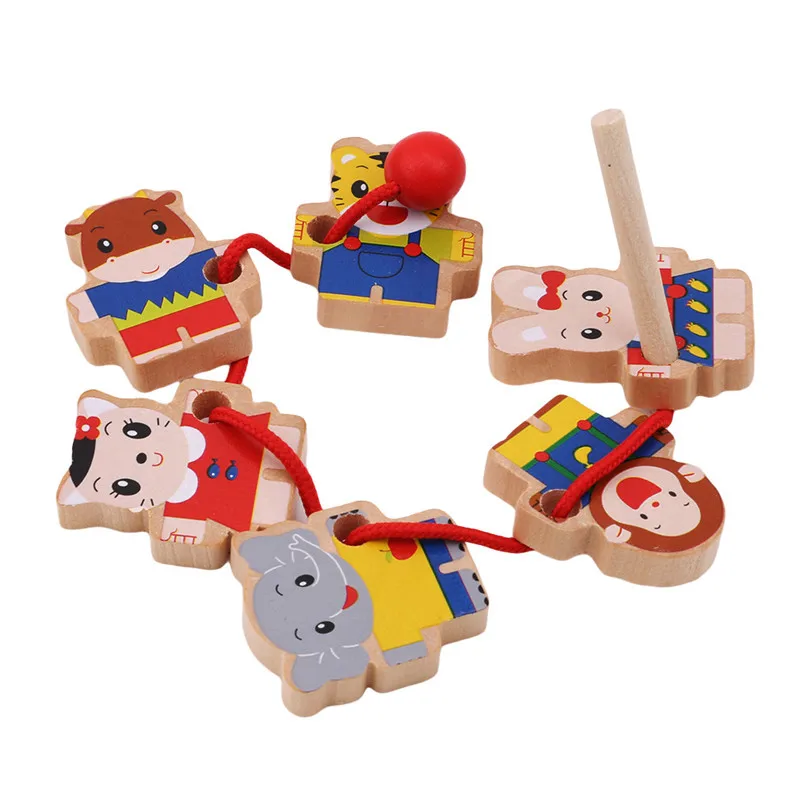 6Pcs Animal Wooden Beads String Tiger Rabbit Toy Children Early Educational Toys 