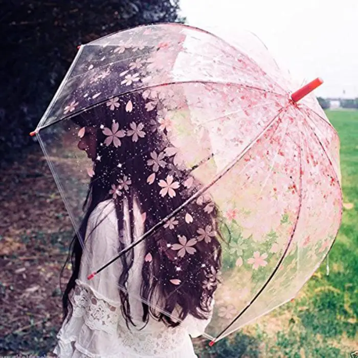 Fashion Transparent Parapluie Creative Women Rain Sun Umbrella Long Handle Cherry Blossom Mushroom Princess Romantic Umbrella