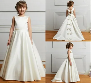 

Satin Flower Girl Dresses for Wedding with Bows Jewel Neck First Communion Gowns Custom Made Pageant Gowns Sleeveless Vestidos