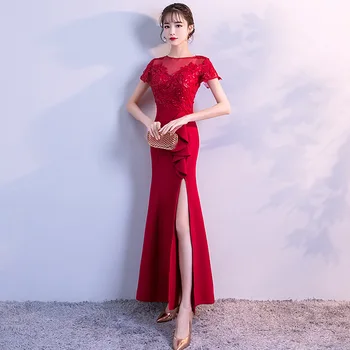 High Split Sexy Female Fishtail Evening Dress Red O-Neck Noble Elegant Chinese Bride Wedding Party Gowns Stage Show Clothing
High Split Sexy Female Fishtail Evening Dress Red O-Neck Noble Elegant Chinese Bride Wedding Party Gowns Stage Show Clothing