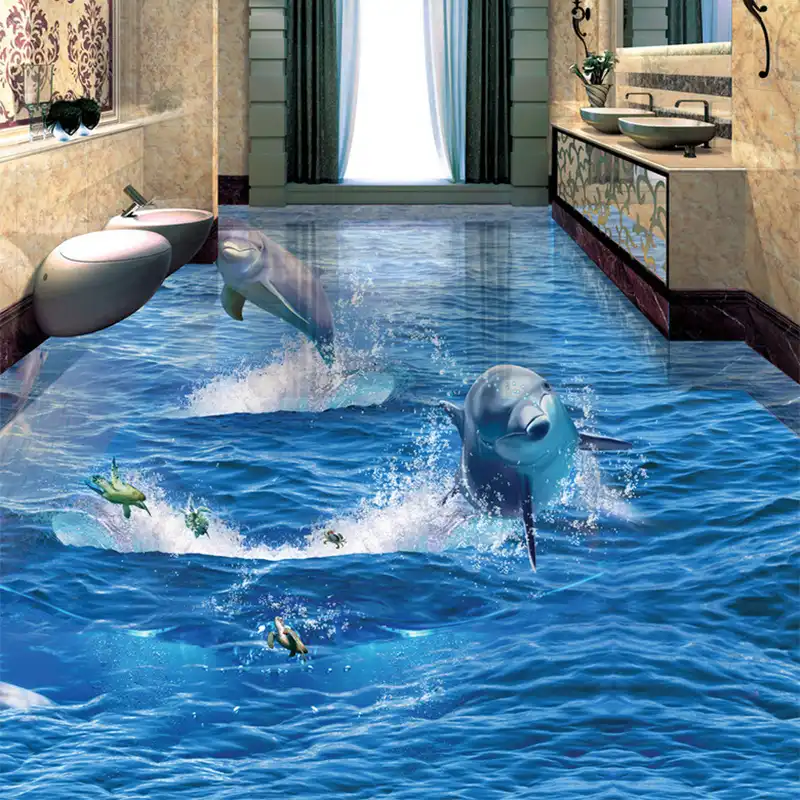 Pvc 自己接着防水クリエイティブジャンプイルカフォト壁紙 3d 床壁画リビングルーム浴室摩耗ノンスリップステッカー 床壁画 Dolphin Photos3d Floor Murals Gooum