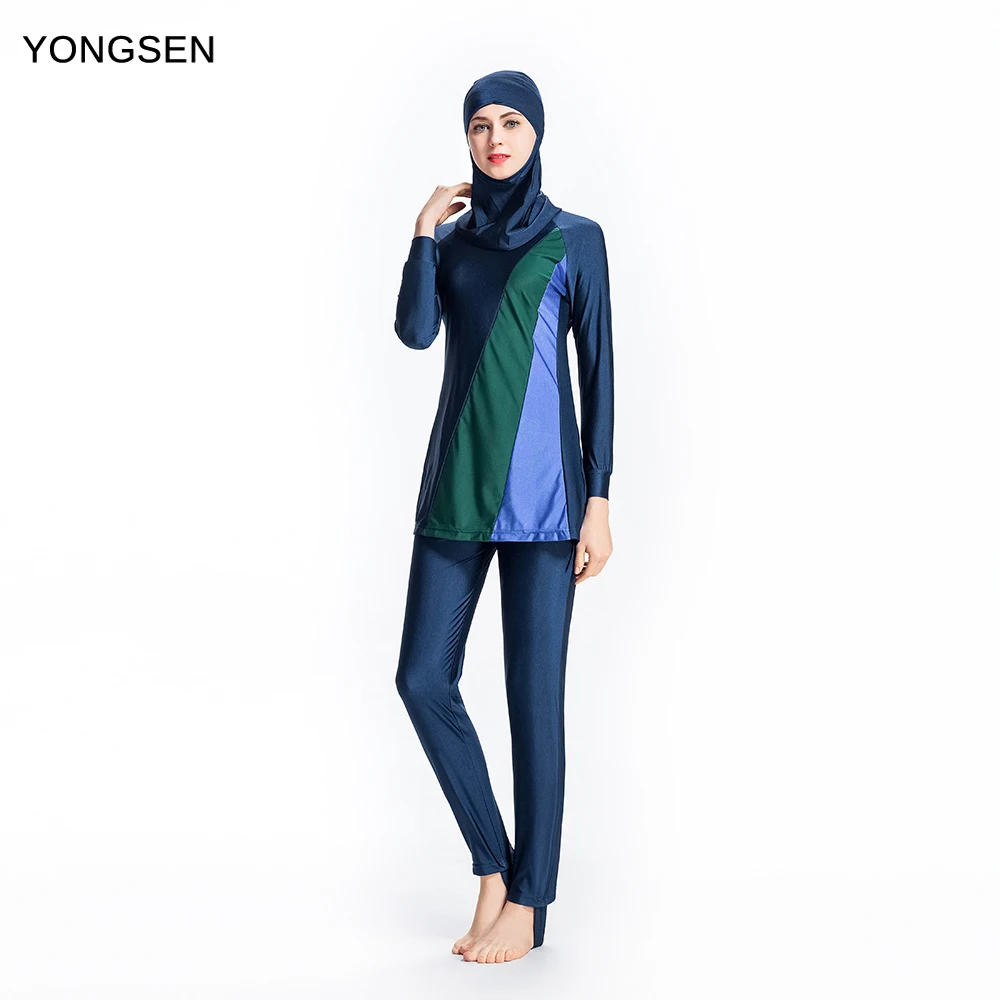 YONGSEN Sexy Splice Islamic Swimsuit Blue Full Cover Women Modest Hijab Swimwear Swim Surf Wear Sport Burkinis | Спорт и развлечения
