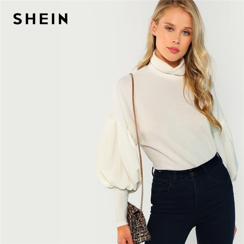 

SHEIN White Workwear Elegant Mock Neck Leg-of-Mutton Sleeve Solid Sweatshirt 2018 Autumn Minimalist Women Pullover Sweatshirts