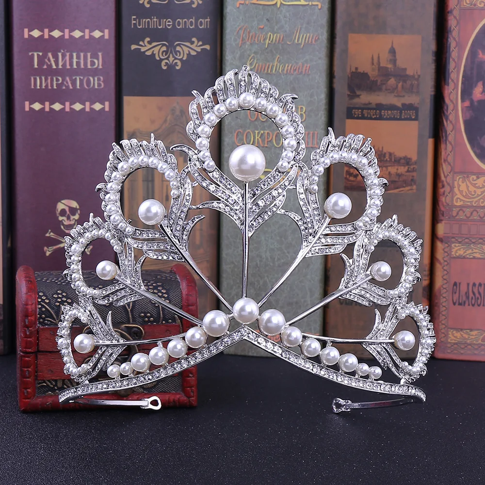 Роскошная корона Miss Universe круглая Свадебная жемчужная Корона тиара с перьями