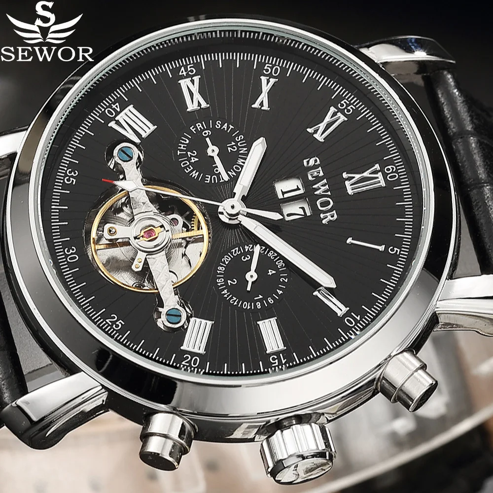 Automatic Mechanical Watch SEWOR Tourbillion Black Silver Leather Business Vintage Auto Date Men Watch Top Brand Male Wristwatch
Automatic Mechanical Watch SEWOR Tourbillion Black Silver Leather Business Vintage Auto Date Men Watch Top Brand Male Wristwatch
