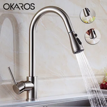 

OKAROS Kitchen Sink Faucet Pull Out Down Nickel Brushed Brass Crane Hot Cold Water Tap Mixer torneira para cozinha cocin