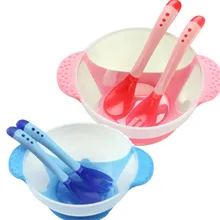 3 pcsset bebê pratos de aprendizagem com ventosa auxiliar comida tigela temperatura sensing colher utensílios de mesa do bebê colher + garfo(China)