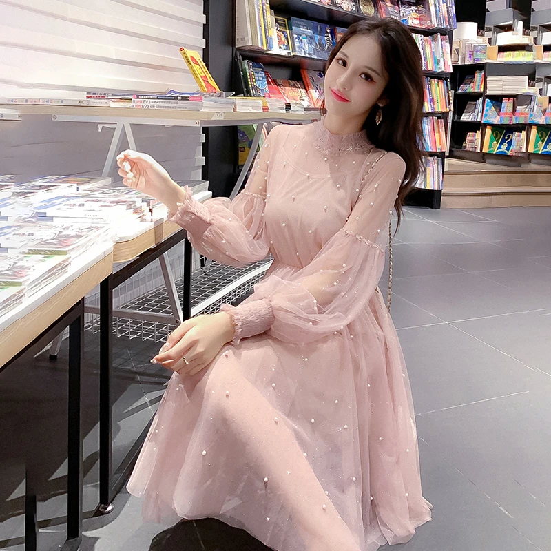 2019 Spring Long Lantern Sleeve Bead Work Pimk Mesh Dresses Women Sweet A-line Bling Bling Shiny Mesh Dresses
2019 Spring Long Lantern Sleeve Bead Work Pimk Mesh Dresses Women Sweet A-line Bling Bling Shiny Mesh Dresses