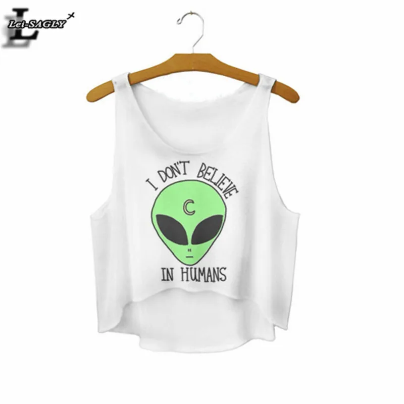 "I DON'T BELIEVE IN HUMANS" Letters With Green Alien Crop Tops Sleeveless Summer Style White Tank Top Fitness Women Vest F556
"I DON'T BELIEVE IN HUMANS" Letters With Green Alien Crop Tops Sleeveless Summer Style White Tank Top Fitness Women Vest F556