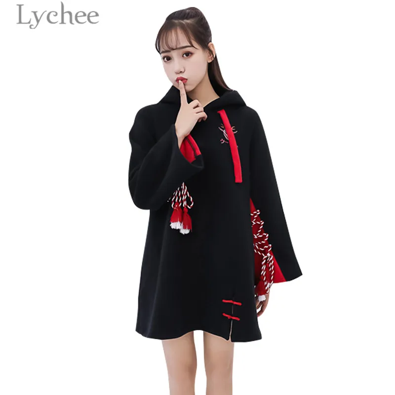 Lychee Harajuku Ghost Mask Japanese Embroidery Lace Up Dress Hooded Long Sleeve Fleece Dresses Casual Loose Female Dress
Lychee Harajuku Ghost Mask Japanese Embroidery Lace Up Dress Hooded Long Sleeve Fleece Dresses Casual Loose Female Dress