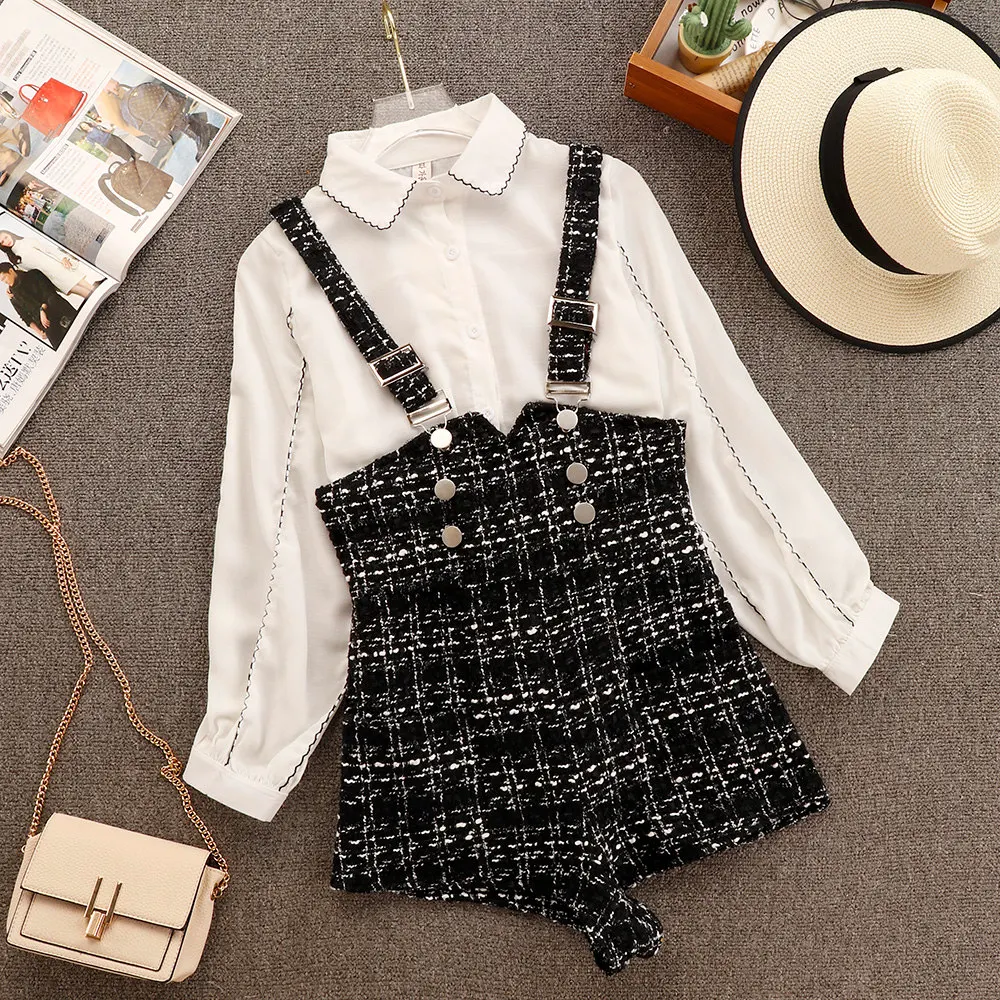 2019 Spring New Women's Pure Color Lantern Sleeve Blouse Shirts + Tweed Plaid Side Zipper Overall Shorts 2 Piece Short Sets
2019 Spring New Women's Pure Color Lantern Sleeve Blouse Shirts + Tweed Plaid Side Zipper Overall Shorts 2 Piece Short Sets