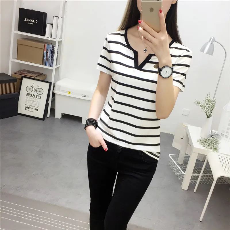 MRMT Stripes Womens T-Shirt V Collar T Shirts Skinny Half Sleeve Clothes Women Slim Under Wear Tshirt Casual Top Tees For Female MRMT Stripes Womens T-Shirt V Collar T Shirts Skinny Half Sleeve Clothes Women Slim Under Wear Tshirt Casual Top Tees For Female