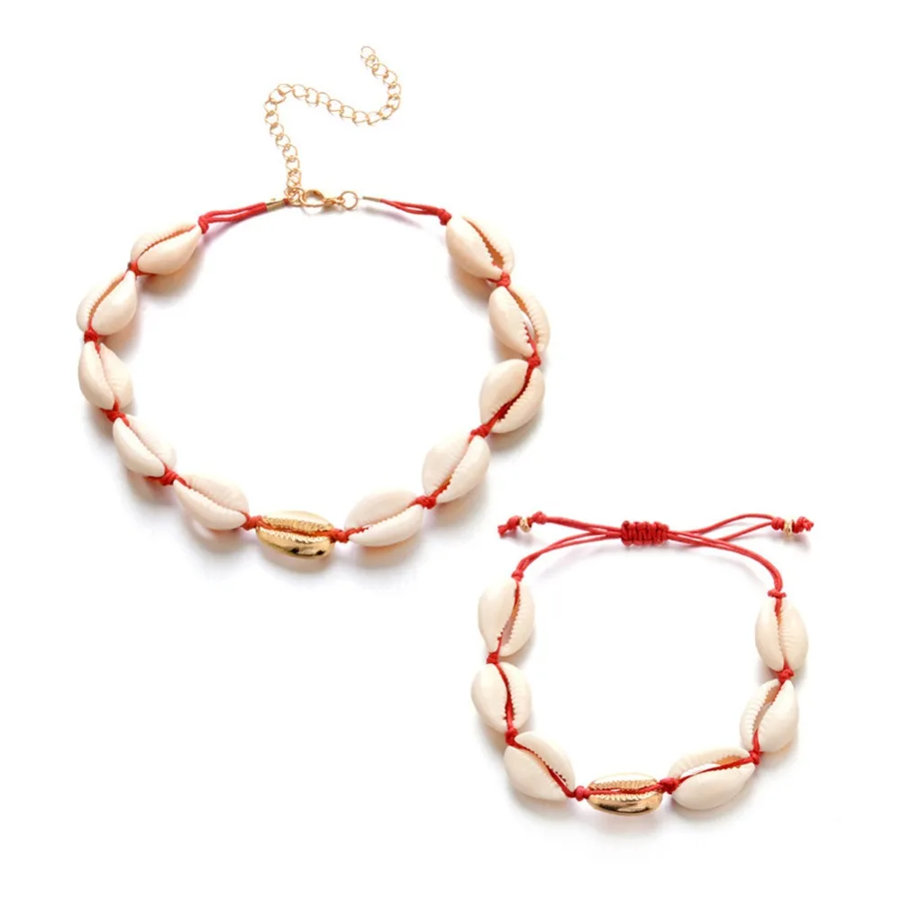 Elegant Ocean Shell Beaded Choker Necklace for Women Bohemian Handmade Black Rope Weave Bracelet Jewelry Set #280549 | Украшения и