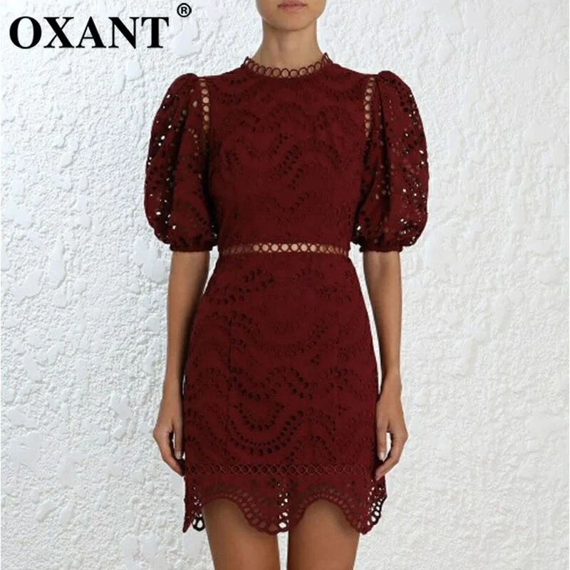 OXANT Hollow Out Dress Womens Puff Sleeve Lace Up Backless Tunic High Waist Irregular Mini Dresses 2019 Summer Vintage 
OXANT Hollow Out Dress Womens Puff Sleeve Lace Up Backless Tunic High Waist Irregular Mini Dresses 2019 Summer Vintage