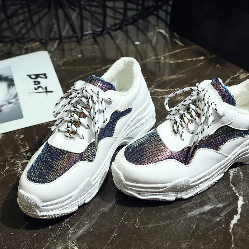 Brand 2018 Lady Platform Shoes Lace Up Black White Sneakers Women Winter Mesh Shoes For Women Flats Creepers Short Plush Inside (17)
