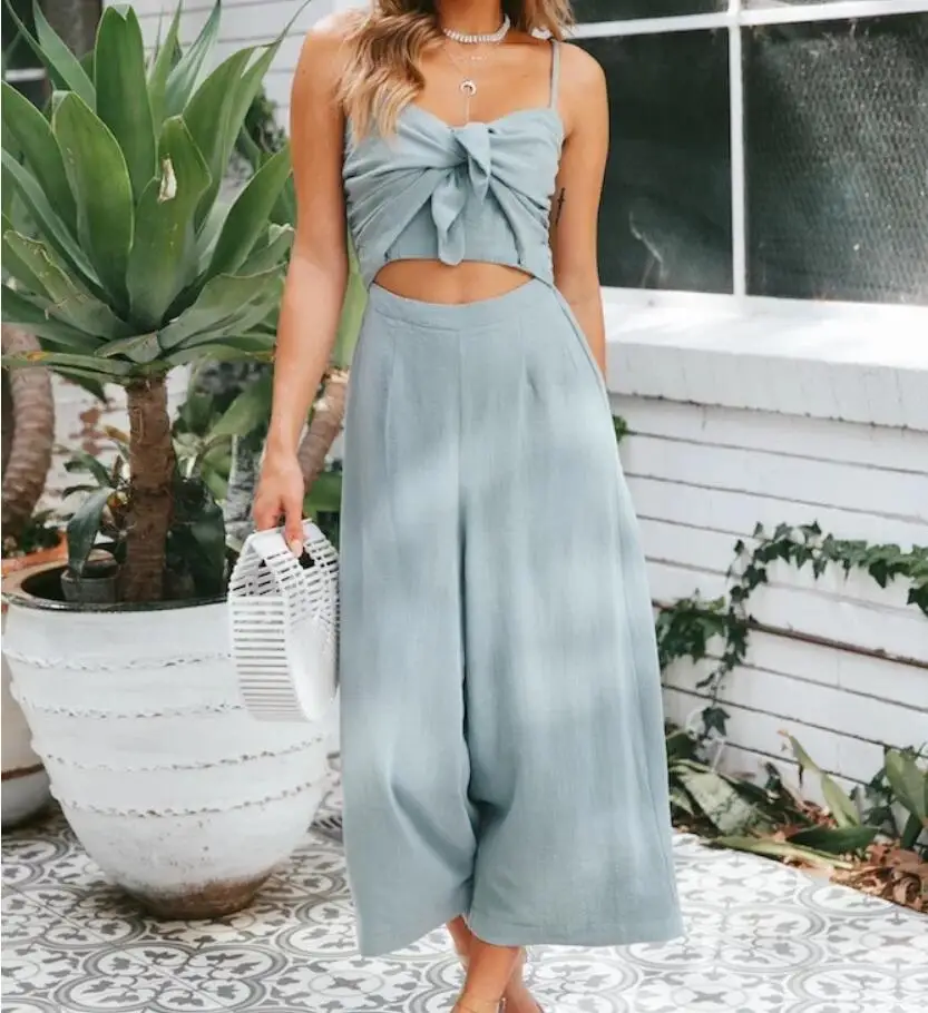 Spaghetti Strap Overalls Bow Bow V-neck Elastic Back Belly Nudding Free Casual Hollow Out Adjustable Cotton And Linen Jumpsuit 
Spaghetti Strap Overalls Bow Bow V-neck Elastic Back Belly Nudding Free Casual Hollow Out Adjustable Cotton And Linen Jumpsuit