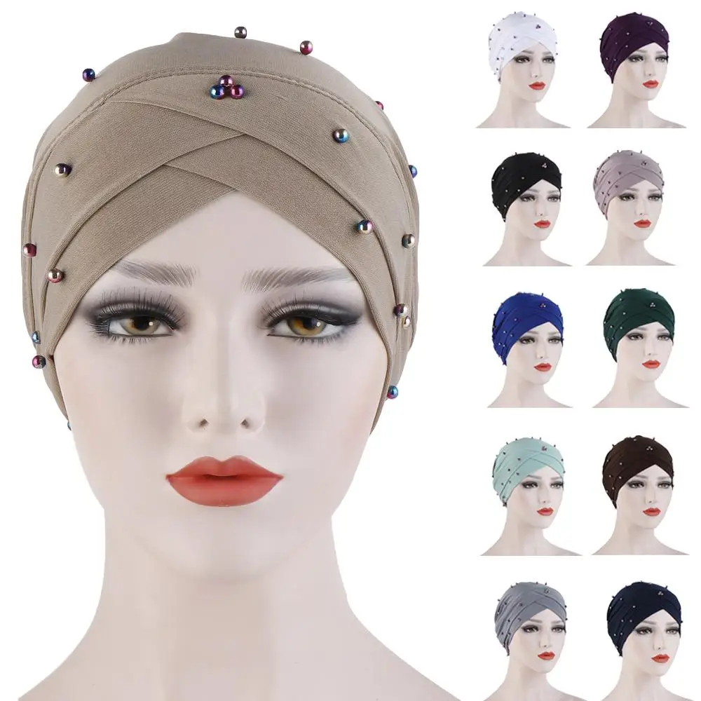 

Indian Women Muslim Hijab Bonnet Beading Turban Chemo Cap Underscarf Strech Beanies Cancer Femme Islam Arab Headwear Scarf Cover