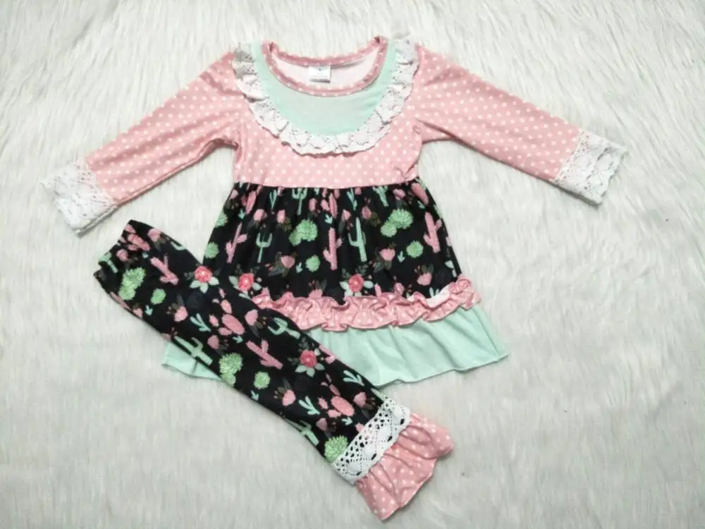 

New arrival cactus pattern outfits baby girls autumn long sleeve+ruffle pants 2 pcs set kids casual children's clothing suit gxj