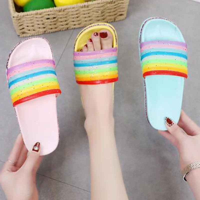 Women's Summer Rainbow Sandals Pink Sequin Bling Slippers Female Indoor Hotel Home Shoes Women Slides Beach Luminous Flip Flops
Women's Summer Rainbow Sandals Pink Sequin Bling Slippers Female Indoor Hotel Home Shoes Women Slides Beach Luminous Flip Flops