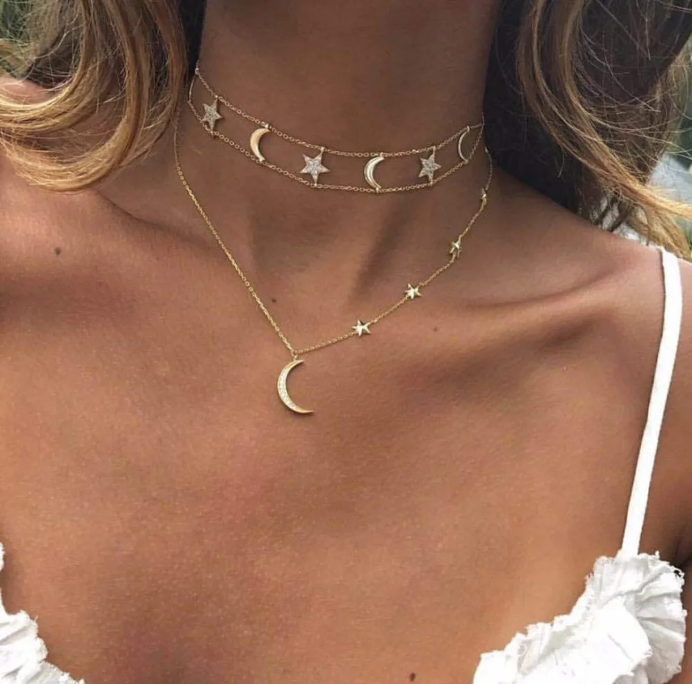 Bohemian Gold Color Metal Moon Stars Crystal Choker Necklace for Women Simple Chains Layered Necklace Party Boho Jewelry Collars
Bohemian Gold Color Metal Moon Stars Crystal Choker Necklace for Women Simple Chains Layered Necklace Party Boho Jewelry Collars
